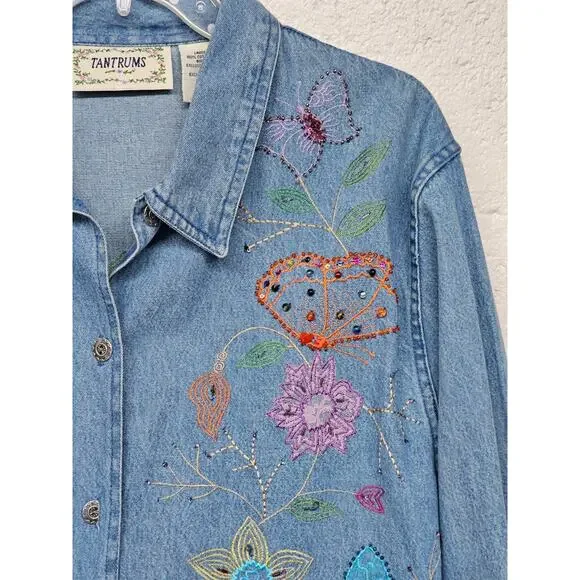 VTG Tantrums Embroidered Floral Denim Jacket Sz L Butterflies 90s Hippie Boho - Picture 2 of 16